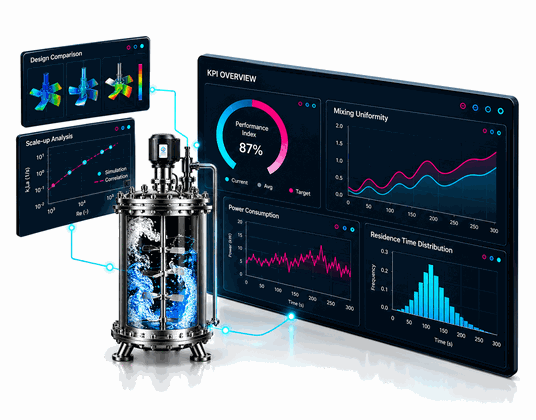 Engineering dashboard with process KPIs next to a reactor model
