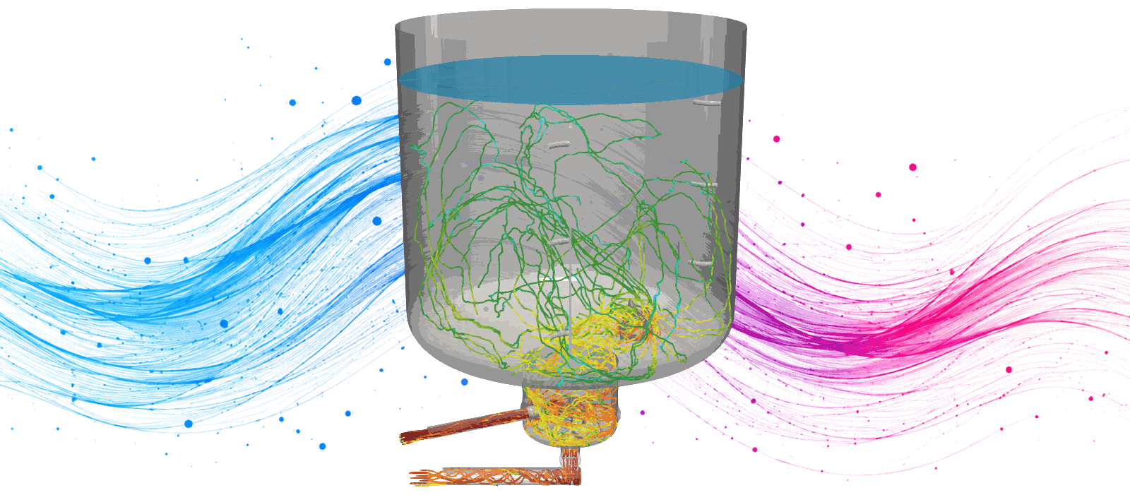 Simulated flow trace lines inside a mixing vessel